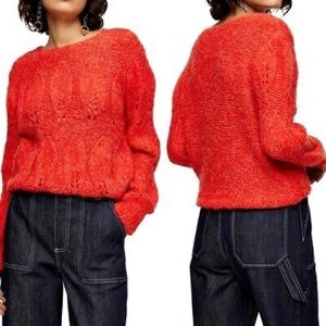 NWT Topshop Size XS 0/2 Red Petal Pointelle Sweater Pullover Crew Neck Open Knit